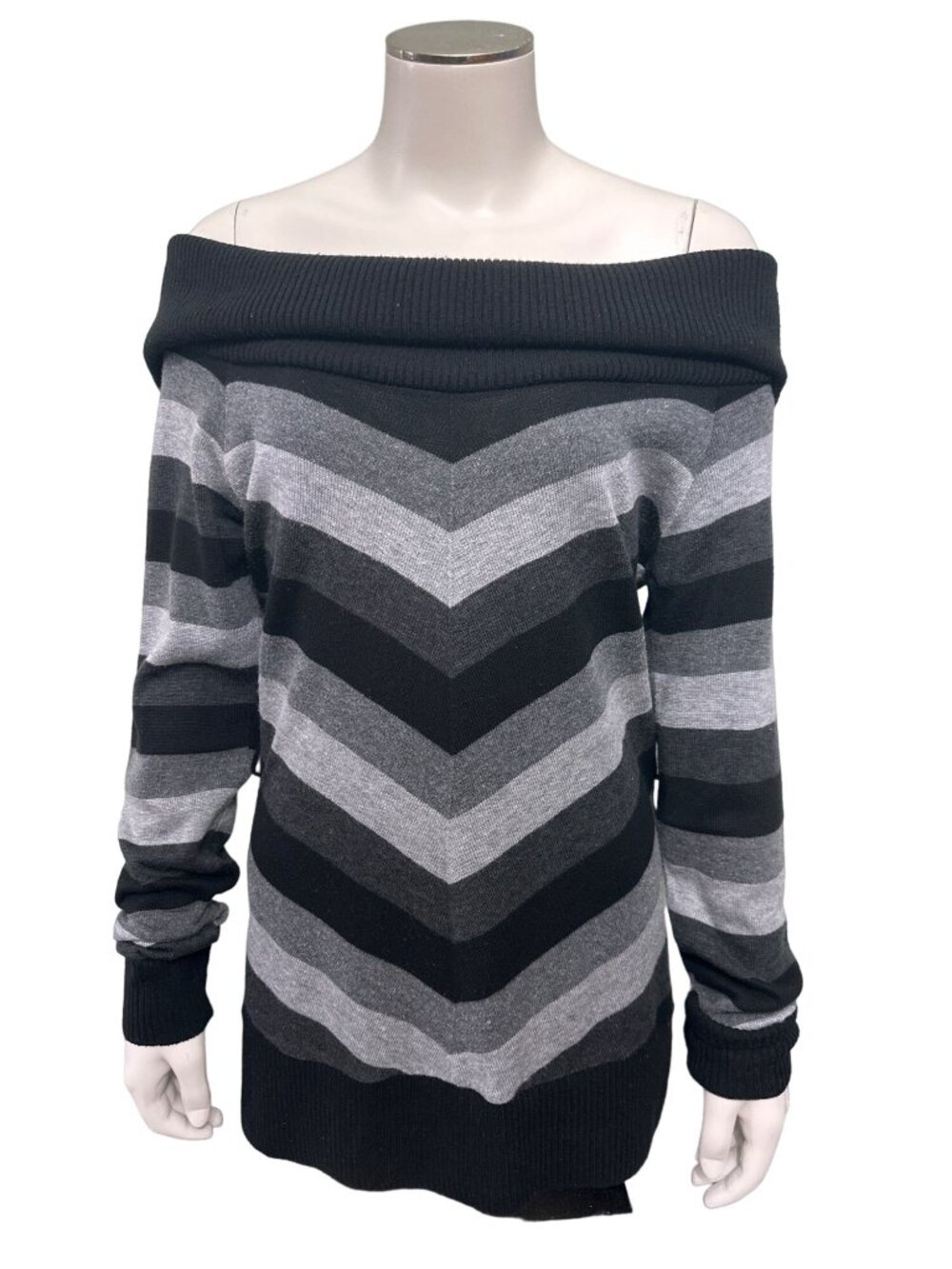 AB Studio Size S Black Gray Off Shoulder Sweater Chevron Stripe Slouchy Citycore - Picture 2 of 8